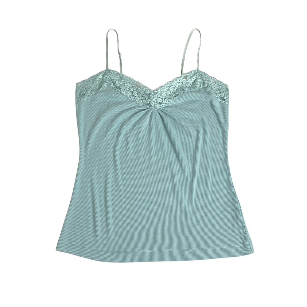 Vintage Y2K Worthington Lace Trim Cami Tank Top Womens Large Blue Ribbed Stretch
